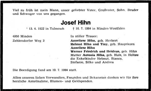 Hihn Josef 1922-1984 Todesanzeige